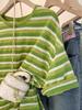 Plus Size Green Striped Short Sleeve Women's Summer T-Shirt - Lightweight, Loose Fit