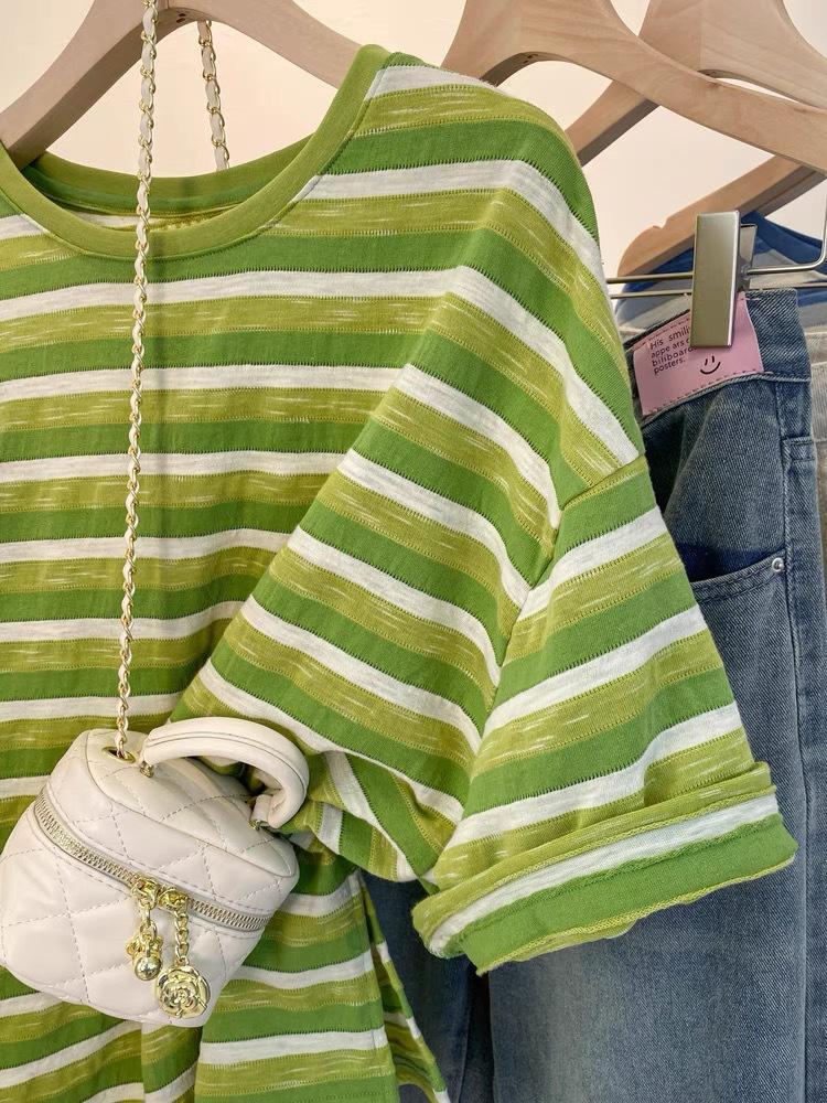 Plus Size Green Striped Short Sleeve Women's Summer T-Shirt - Lightweight, Loose Fit