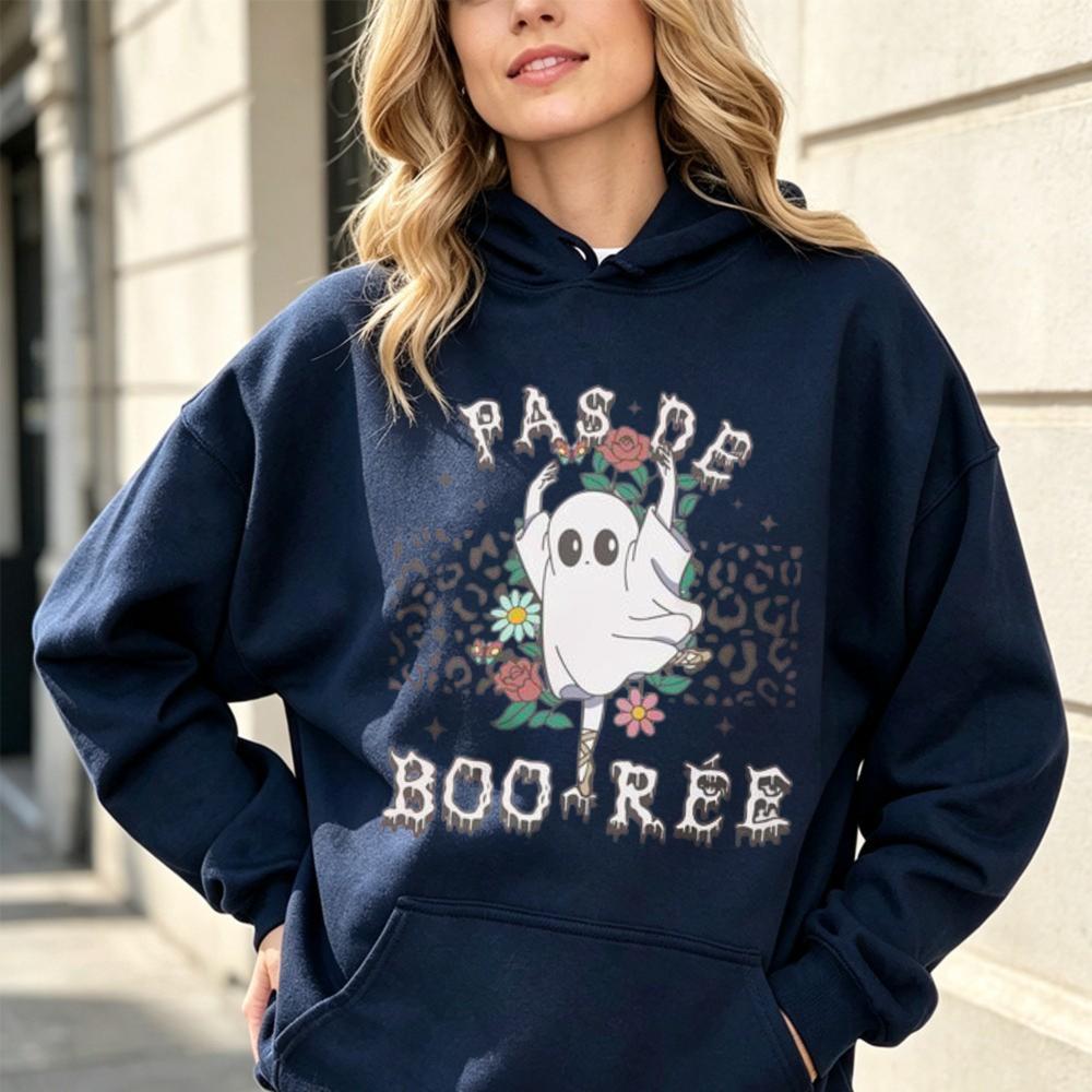 Pas De Boo-rée Leopard Ghost Halloween Hoodie Unisex Trendy Streetwear Hooded Sweatshirt Long Sleeve Casual Autumn Pullover