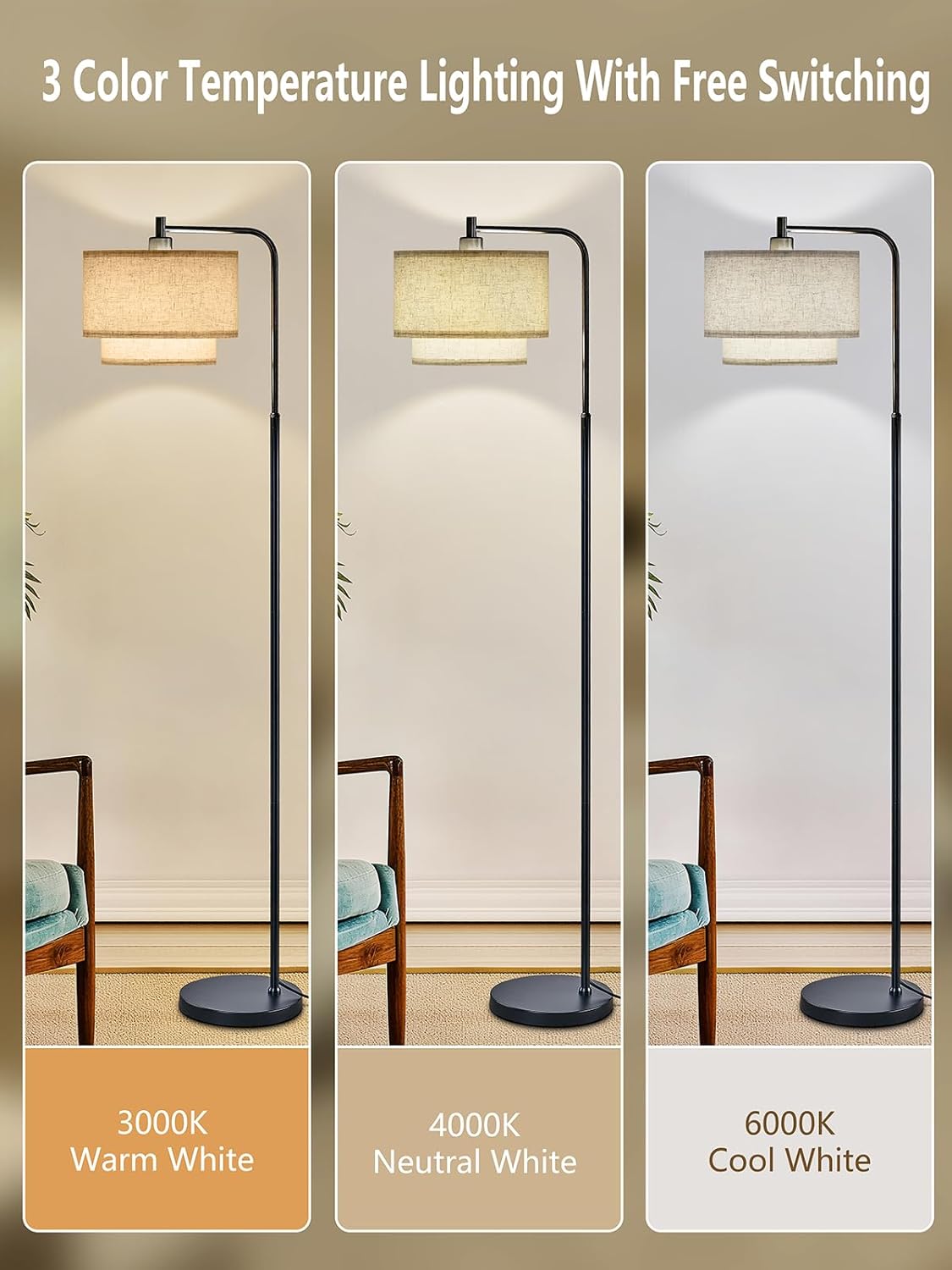 64-дюймовая современная напольная лампа, изогнутая напольная лампа с 3 режимами температуры, с абажуром из овсяной льняной ткани и ножным переключателем, черная золотой