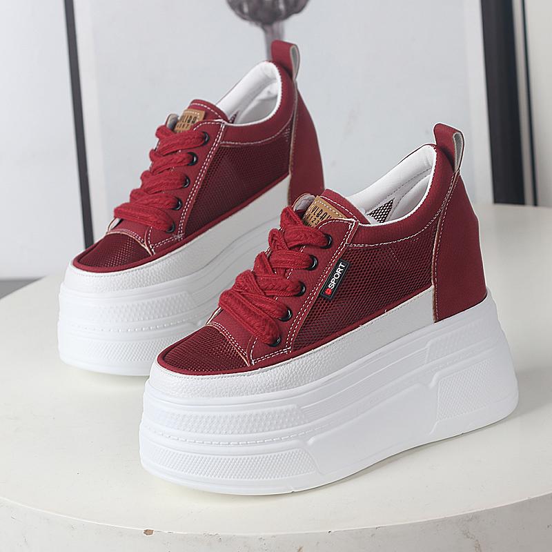 

Модные 12 см шлепанцы из сетки и натуральной кожи на скрытой платформе, летние ботильоны до щиколотки с вырезами, женские сандалии на платформе, клиновидная дышащая обувь 34 красный