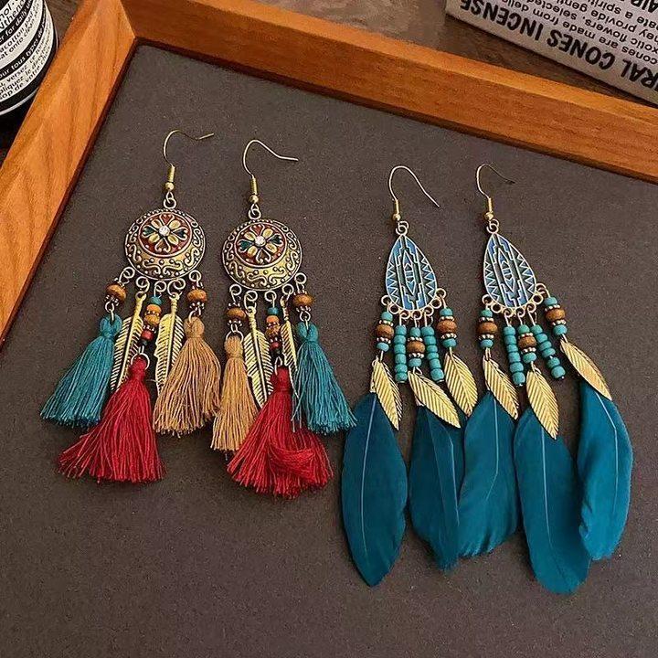 Bohemian ethnic style fringed earrings long niche woven feather earrings new travel wear earrings women