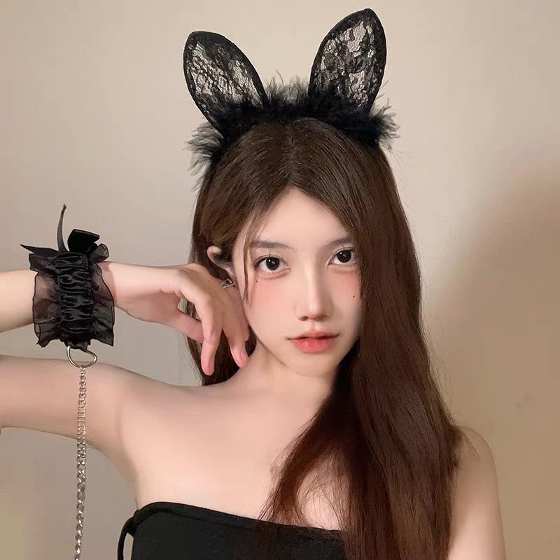 Rabbit Ears Headband Cosplay Short Hairy Hair Accessories Lace Edge Headband Adult Pressure Hairpin Headgear Female