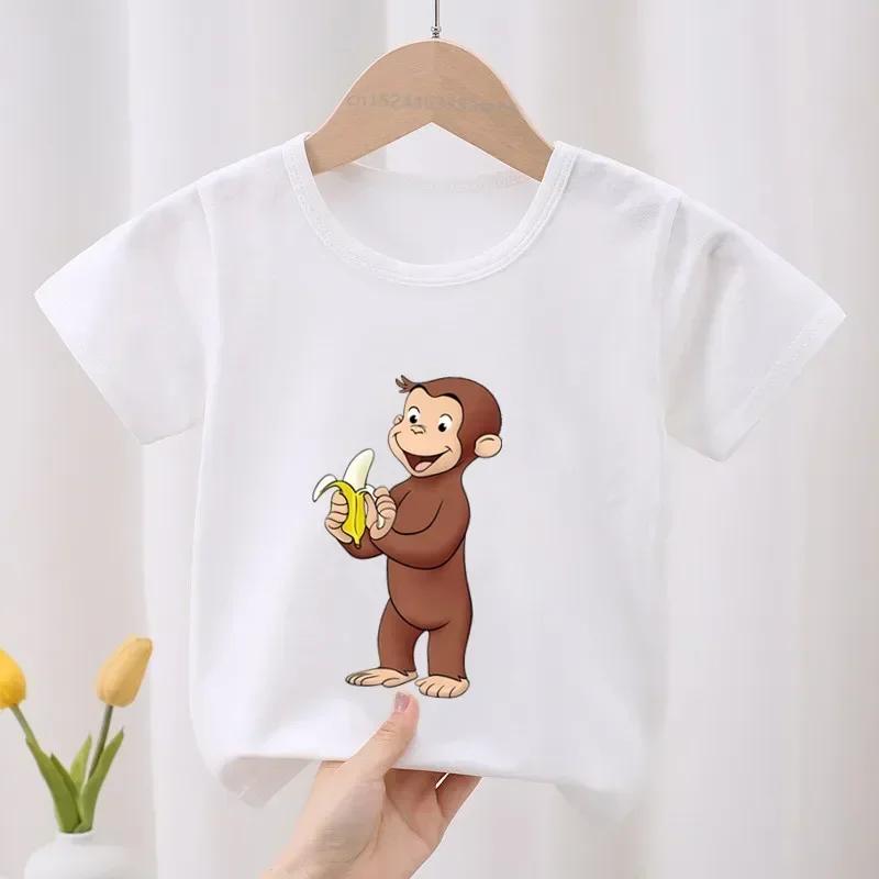 Curious George Roztomilý opičí potisk Dětské tričko Dětské oblečení Letní Oblečení pro holčičky Chlapecká trička s krátkým rukávem