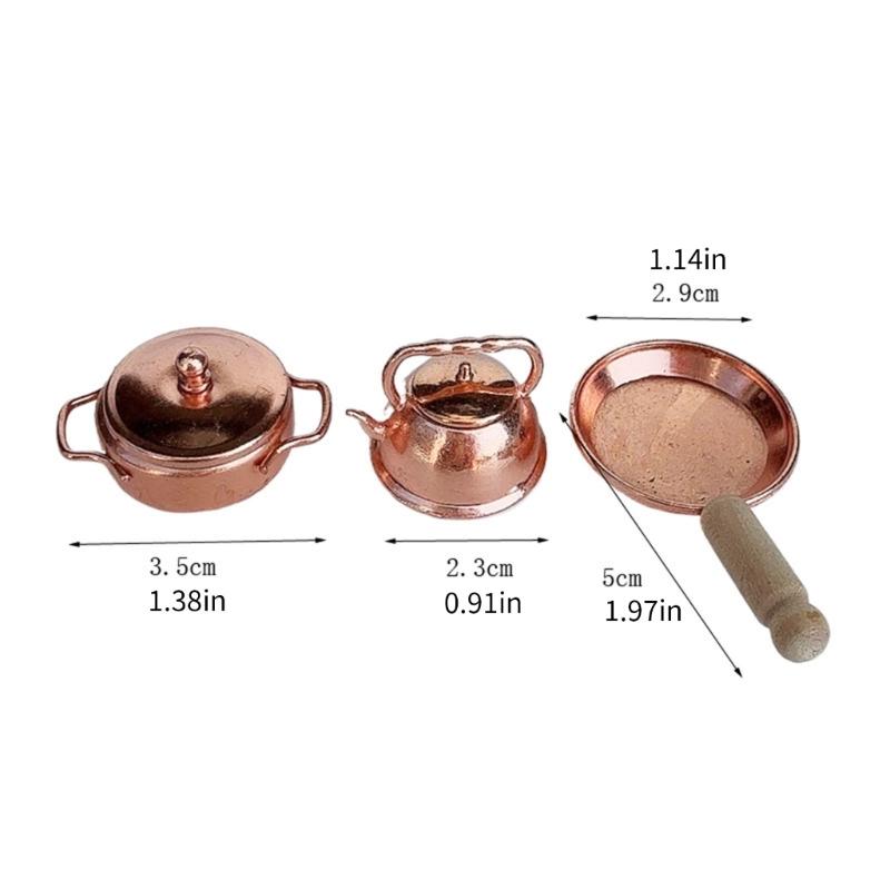 Detailed 1/12 Scale Miniature Kitchenware Metal Cookware With Wooden Handle Compatible With Miniature Furniture Displays