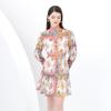 Spring Summer Women Stand Collar Single Breasted Retro Print Oversize Plus Size Party Dresses with Belt