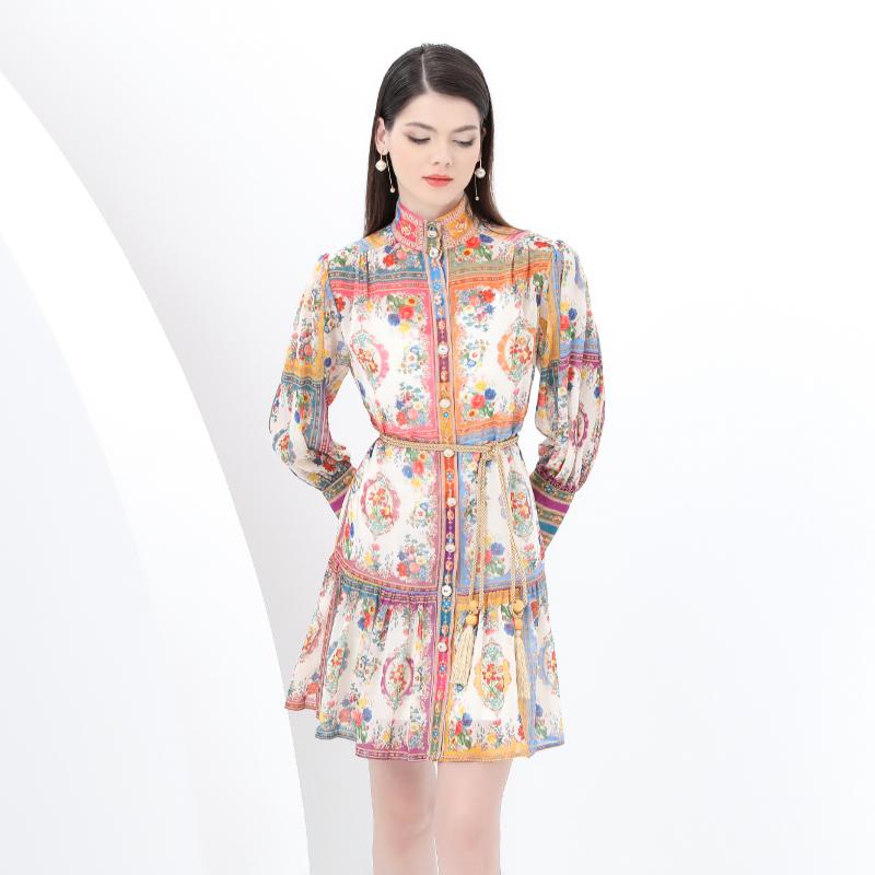 Spring Summer Women Stand Collar Single Breasted Retro Print Oversize Plus Size Party Dresses with Belt