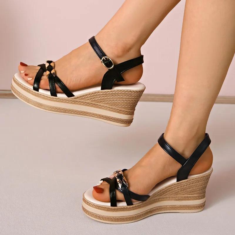 

Fashion 2025 Women s Sandals Wedge Platform Metal Buckle High Heel Dress Sandals Women Non-Slip Cross Strap Plus Size 35-45 Shoes Ladies 35