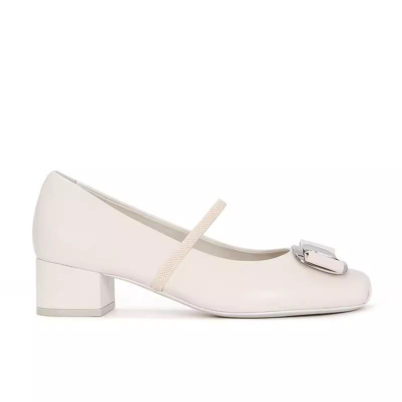 Cowhide version square head leather light mouth metal bow Mary Jane shoes women's flat ballet shoes