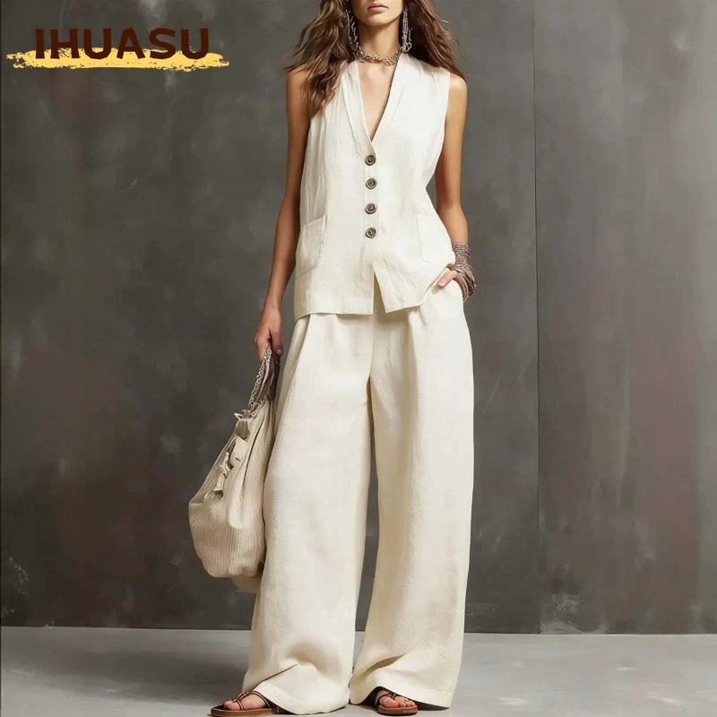 IHUASU Completi pantaloni casual da donna senza maniche con scollo a V