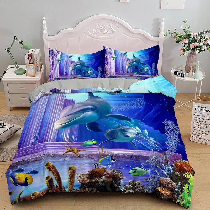 Dolphin Ocean King Queen Duvet Cover Cute 3D Sea Animal Bedding Set for Kids Teens Adults Shoal of Fish Blue 2/3pcs Quilt Cover