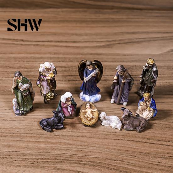 Manger Scene Accessories 11 Pcs Christmas Nativity Set, Resin Mini Figurines Tabletop Decor, Decorations Holy Family Angel Shepherd Animals