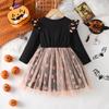 New Halloween Appliqué Mesh Dress with Pumpkin Print & Short Sleeves