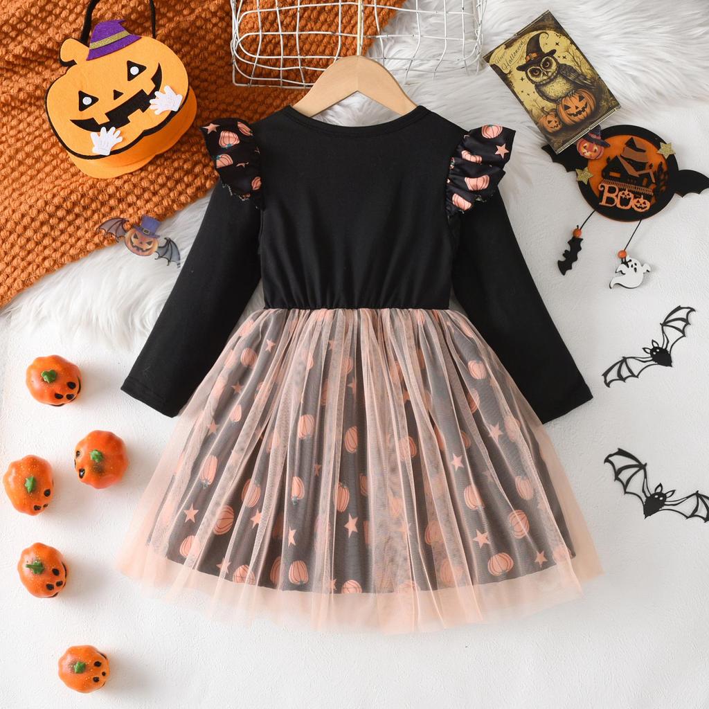 New Halloween Appliqué Mesh Dress with Pumpkin Print & Short Sleeves