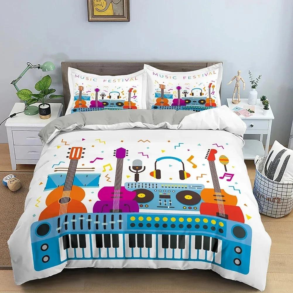 Music Guitar Bedding Set King Queen Heavy Metal Punk Rock Duvet Cover for Teen Boy Musical Note Polyester Comforter Cover