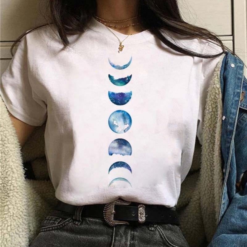 Summer Fashion Printed Moon Moon Eclipse Loose Half Sleeve Letter Cotton T-Shirts Women’s