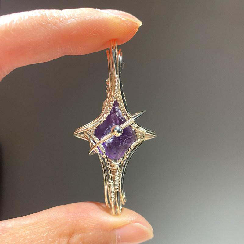Hisera  Handmade Wire Wrapped Necklace  Starburst Hanging Pendant Custom High-end Feel Silver Natural Raw Crystal Necklace