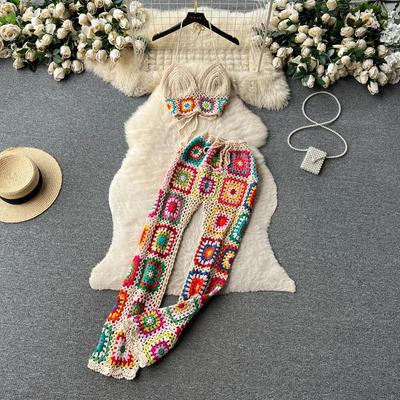 Gestrickter Strand Zweiteiler Anzug Damen Strap Mini Camis + Elastische Taille Lange Hosen Set Streetwear Aushöhlen Casual Sets