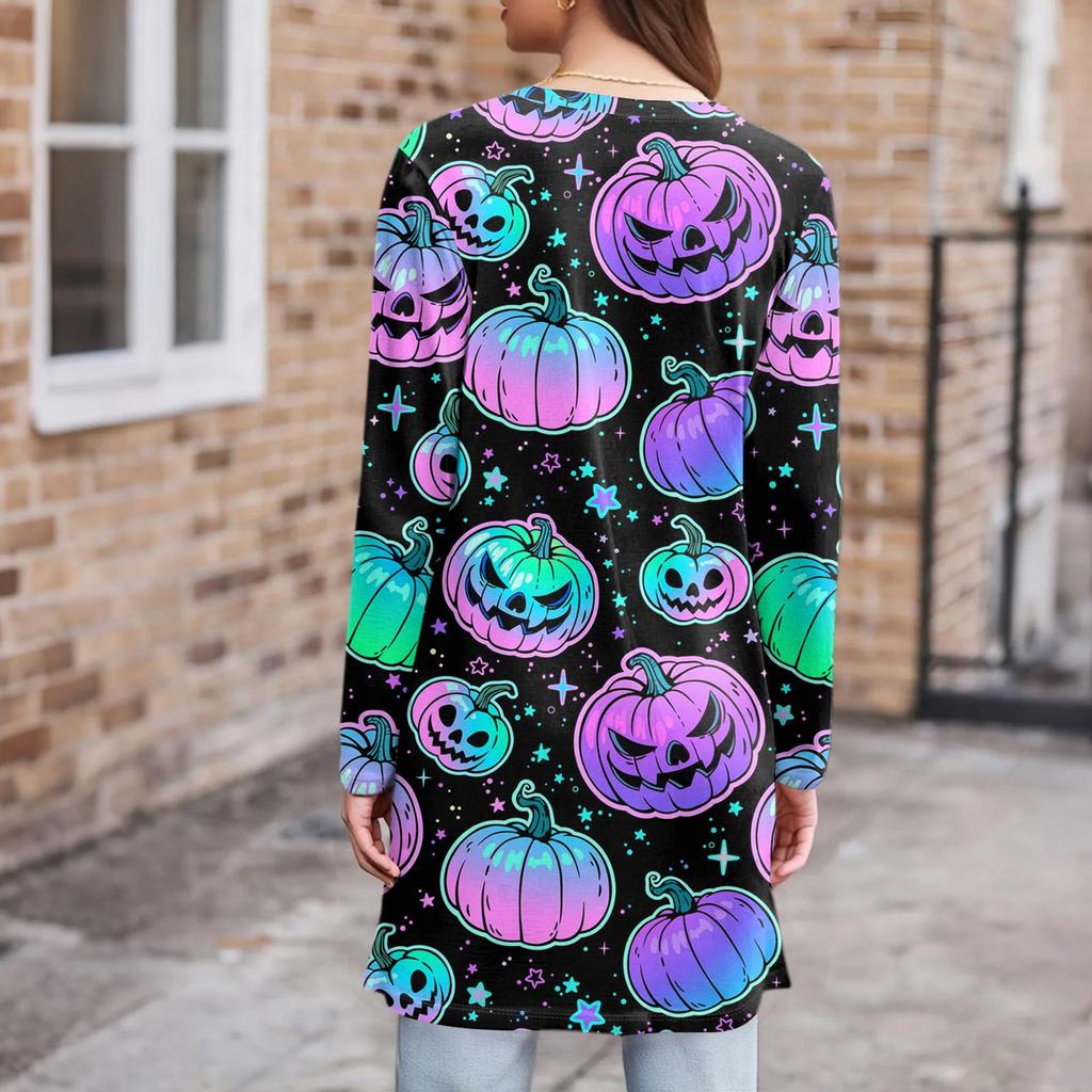 Women's Fashion Casual Comfortable Halloween Printed Mid-Length Cardigan With Pockets Jacket
