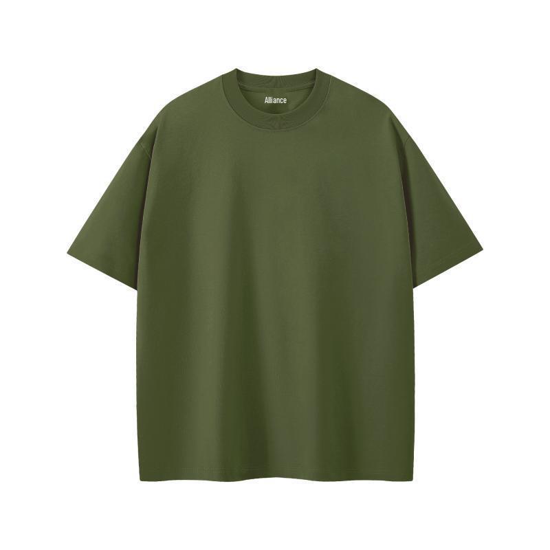 Men's Oversized Round Neck Logo T-Shirt - Solid Color, Drop Shoulder, Pure Cotton, European Size 200g