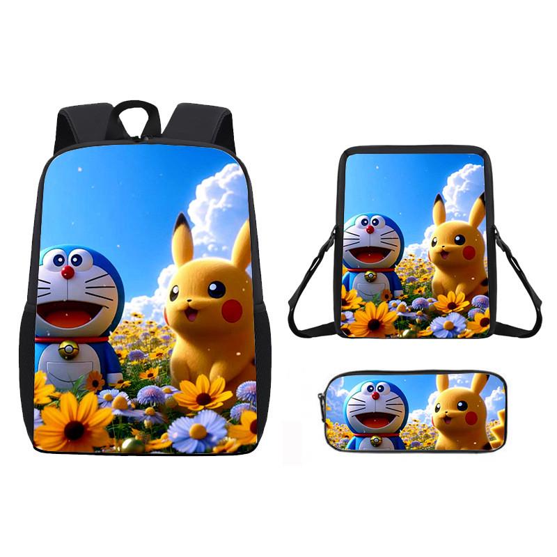 Pattern Backpack Pikachu Shoulder Bag Pencil Case Three Piece Set
