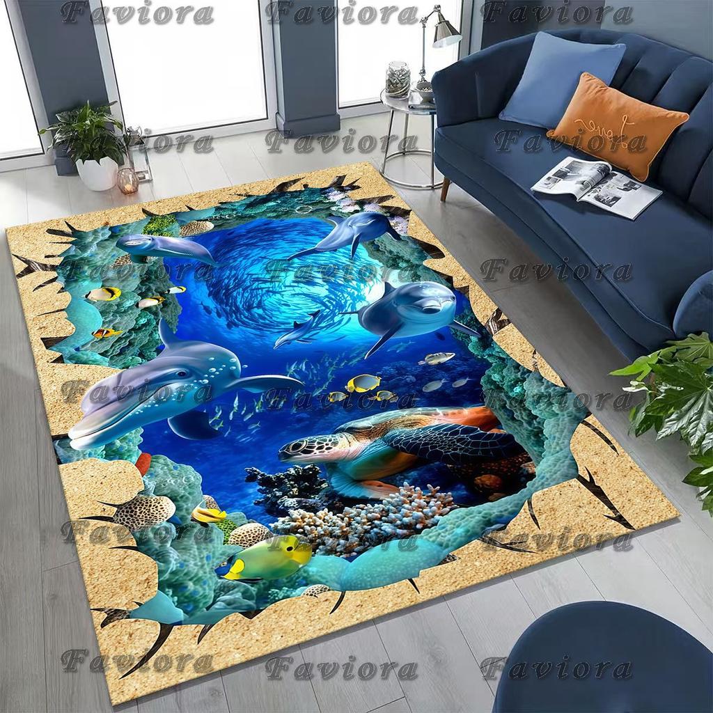 27 Style 3D Illusion Sea Underwater World Dolphin Rug for Bedroom Living Room Sofa Home Doormat Decor, Kids Non-slip Floor Mat
