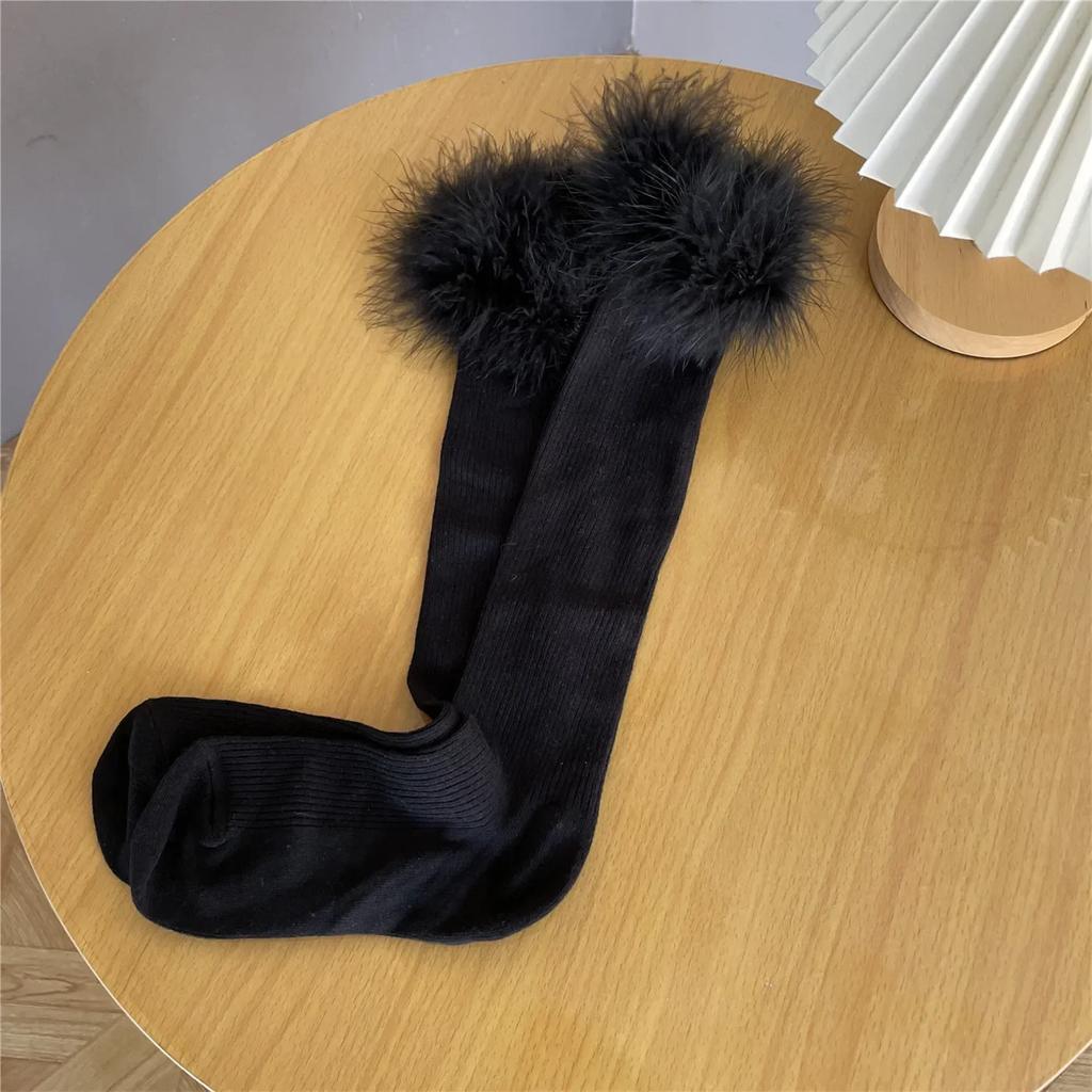 Feather Ruffle Socks Stockings Women JK Girls Solid Color Black White Long Socks Women Stockings Lolita Kawaii Cute Knee Socks