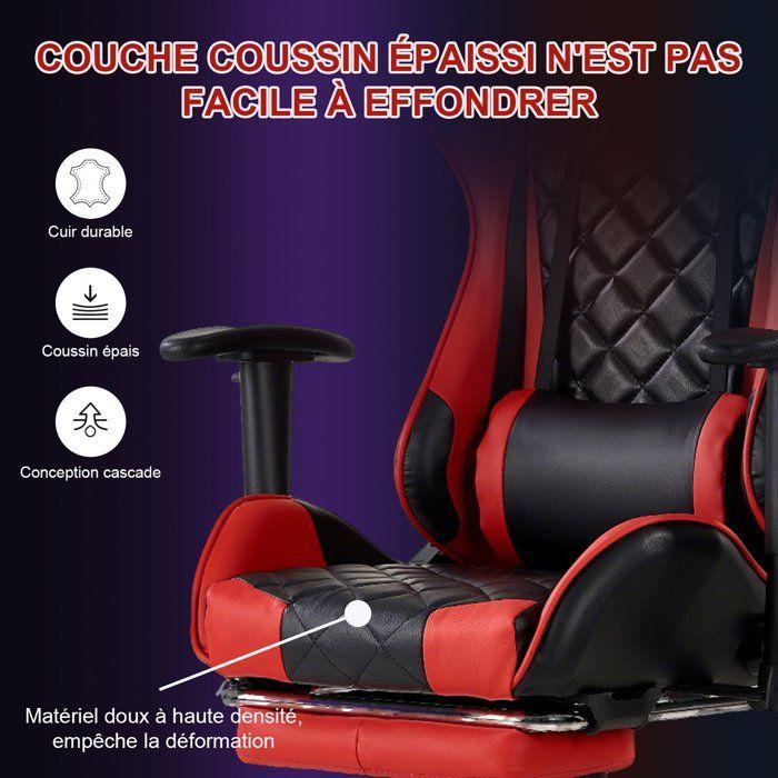 Chaise Gaming FOXSPORT-Ergonomique avec Support Lombaire, Appui-tête et Repose-pied, Hauteur Réglable Inclinable 90 °-180 °-Rouge