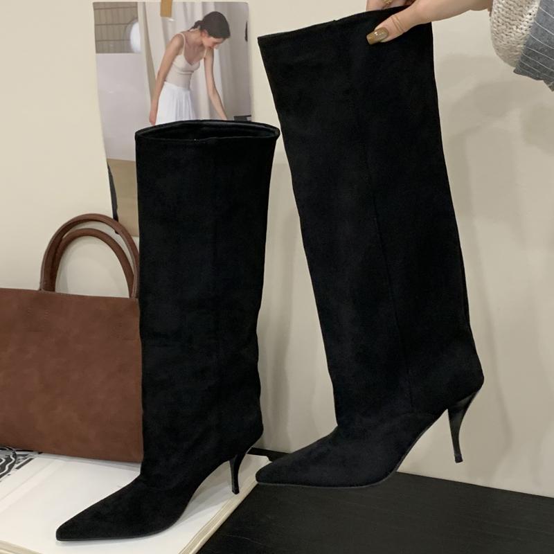

Autumn Winter Vintage Thin Heels Women Knee High Boots Fashion Sexy Pointed Toe Stripper Party Shoes De Mujes 35