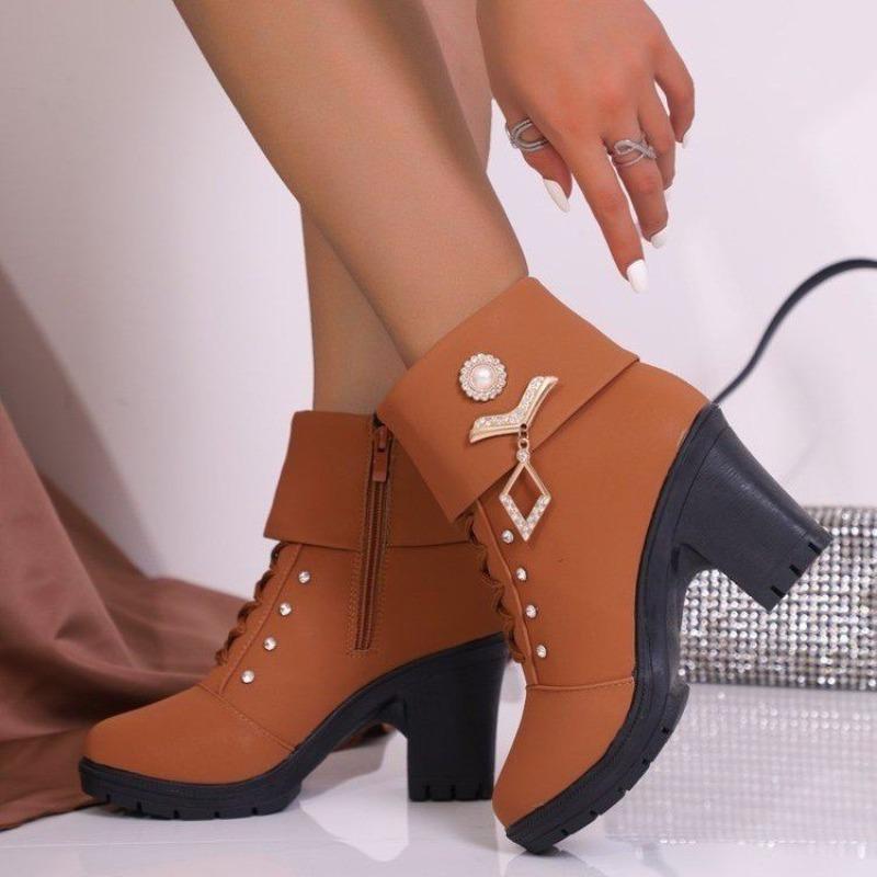 Large size Martin boots autumn and winter new rhinestone women's boots high heel warm cotton boots side zipper fashion boots women