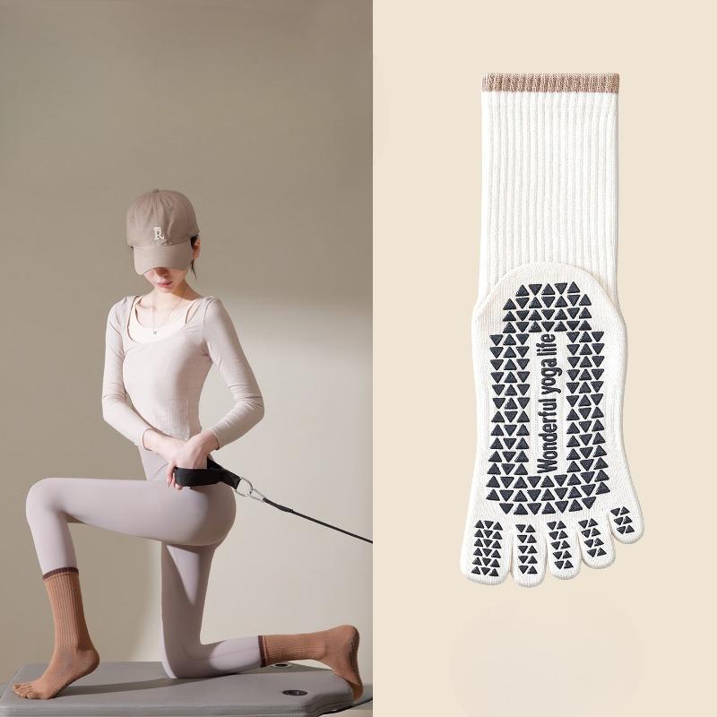Yoga Socks - Five-finger Mid-calf Winter and Autumn Fitness Sports Toe-separation Socks with Anti-slip and Moisture-absorbing Properties Long Socks