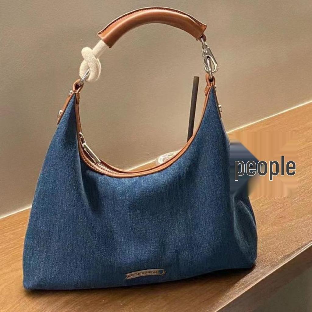 2025 Versatile Retro Hong Kong Style Color Block Denim Tote & Shoulder Bag for Women