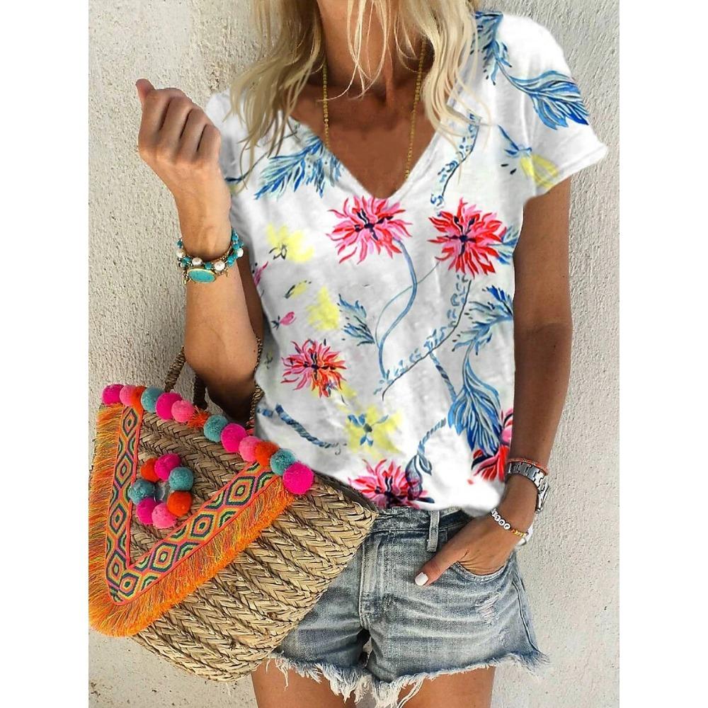 Women's T-Shirt Plant Flower Print Bohemian Style Fashion Casual Street Round Neck Oversized Summer Women's Clothing