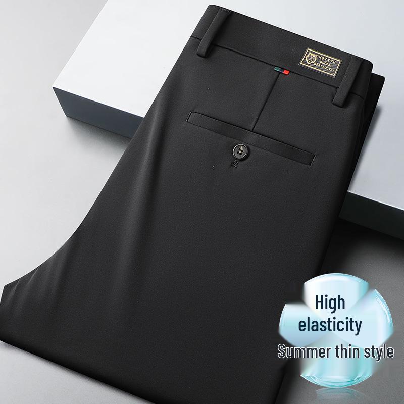 

Мужские стрейчевые брюки из ледяного шелка в стиле business casual – для среднего возраста, однотонные, не требующие глажки 42 чёрный