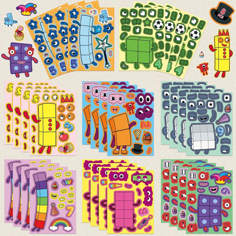8/16Sheets Cartoon Numberblocks Decorative Puzzle Stickers PVC Material Children Educational Toys Waterproof Party Gift Stickers