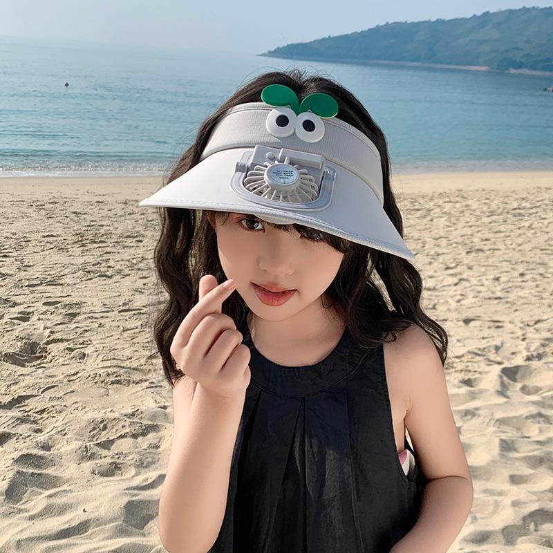 Children's hats summer boys and girls outdoor big brim sun protection empty top hat cartoon cute sun hat with fan