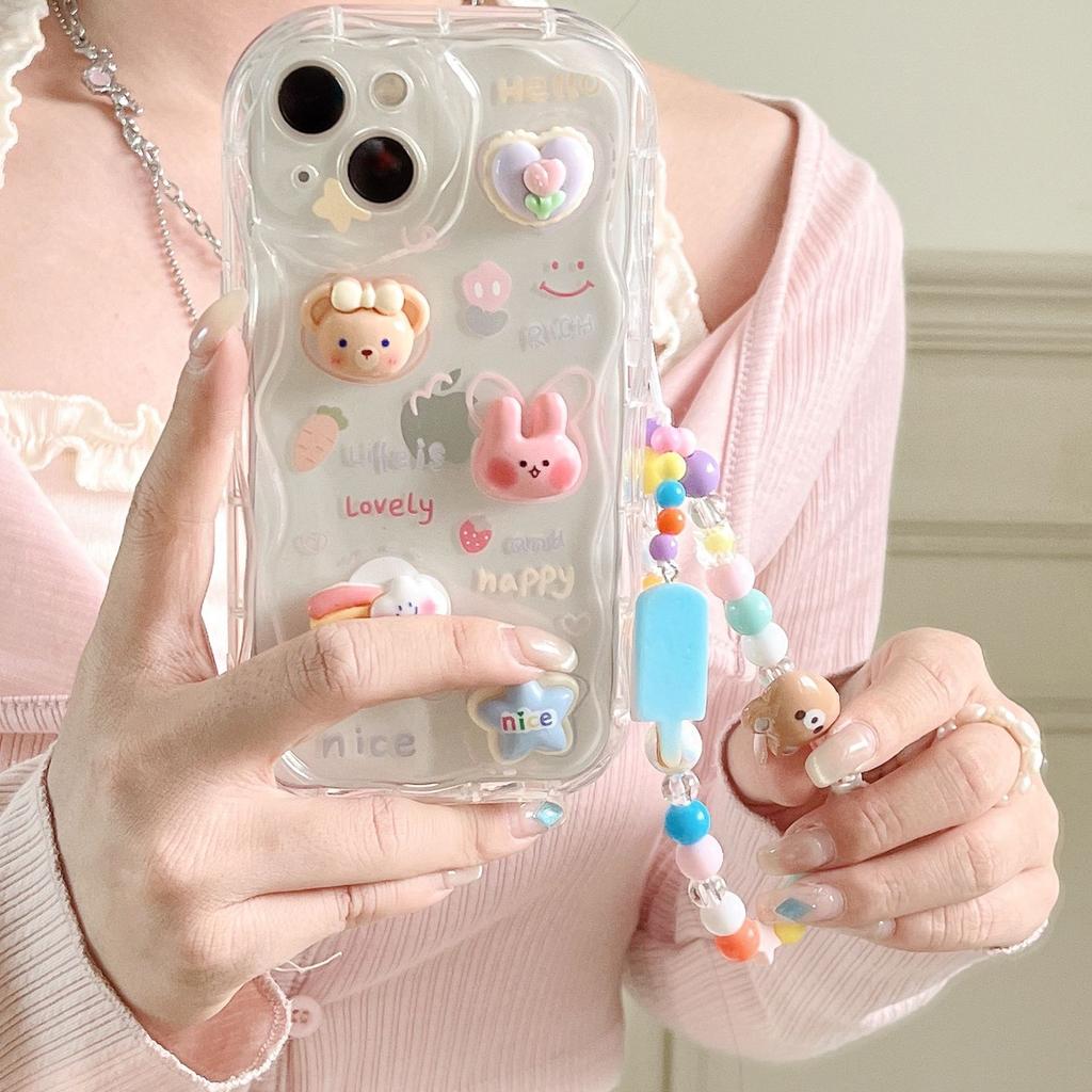 Applicable To IPhone14 Three Dimensional Wavy Rabbit Soft Shell Apple 16 15 Rainbow Ice Cream Bracelet Mobile Phone Case