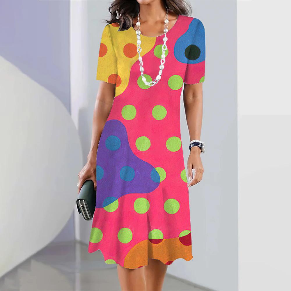 Summer Women's Fashion Round Neck Short-sleeved A-line Dress 3d Colorful Printing Casual Loose Dress