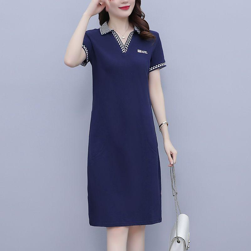 Summer Dress for Women V-Neck Short Sleeve Midi Dress with Elegant Collar and Loose Fit