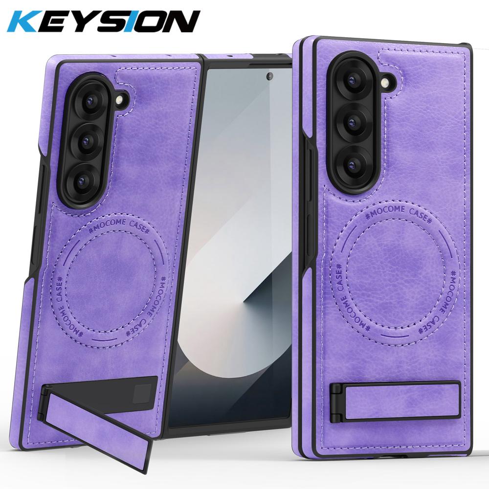 KEYSION Luxusní PU kožené magnetické pouzdro pro MagSafe pro Samsung Galaxy Z Fold 6 5 4 3 5G Kickstand Bezdrátové nabíjení Kryt telefonu