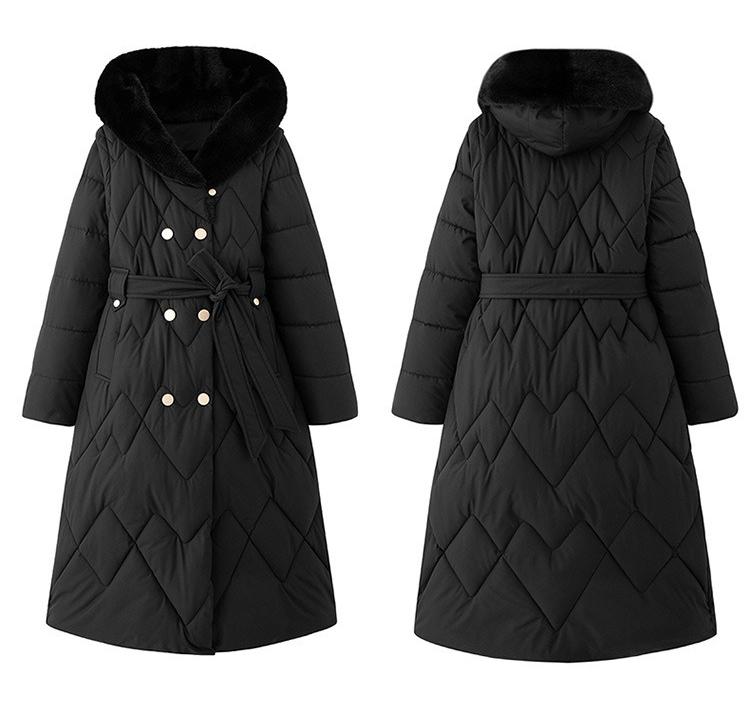 Long Jacket Women Winter Hooded Design Detachable Sleeves Fur Collar Waist Cinching Warm Thick Coat
