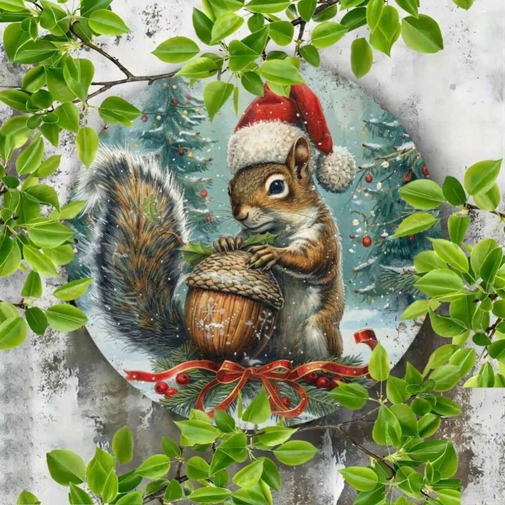 Vintage Christmas Squirrel 8x8 Inch Embossed Metal Tin Sign Wall Art Home Decor