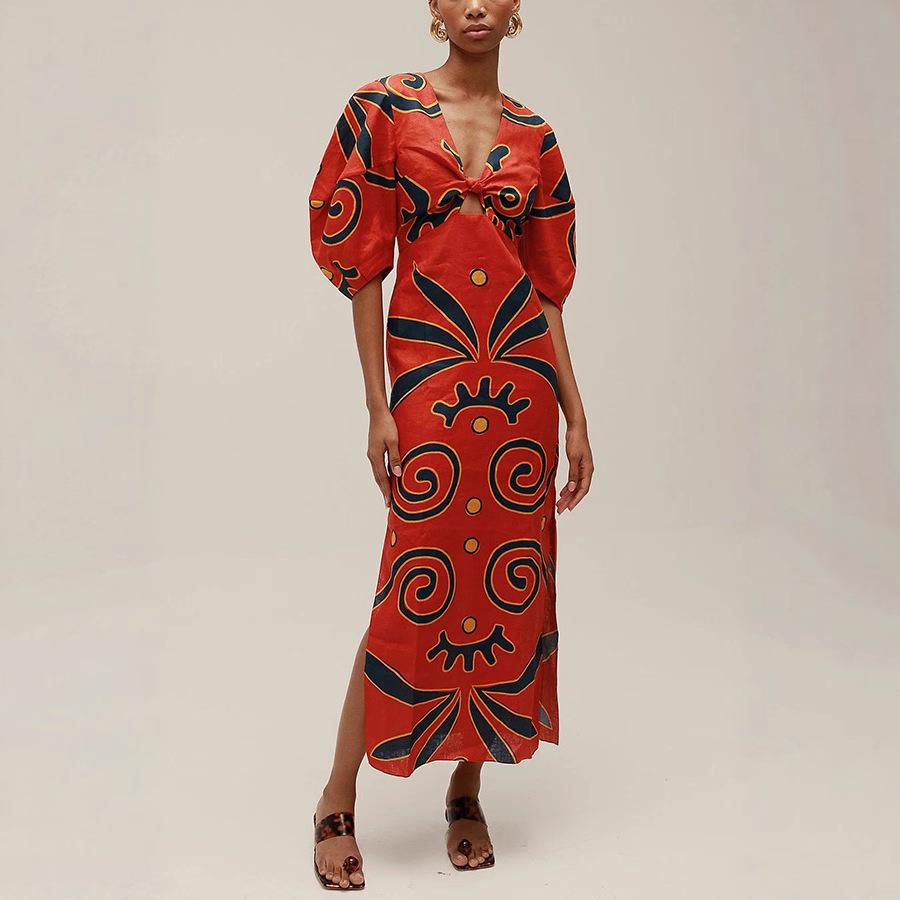 Spring/Summer 2026 European-Style Linen Print Dress - Casual Holiday Loose Fit