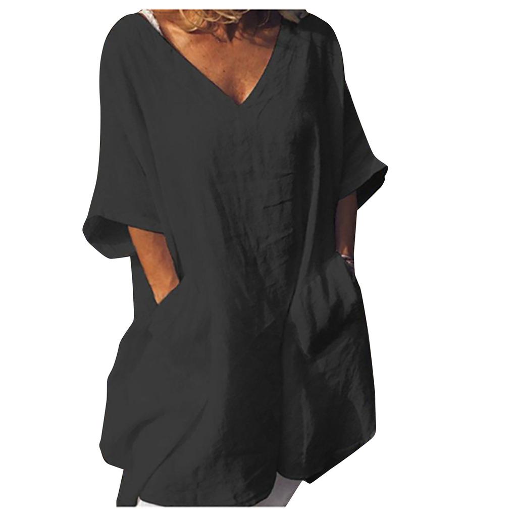 Women's Casual Color Mid-sleeve V-neck Pocket Cotton And Linen Dress