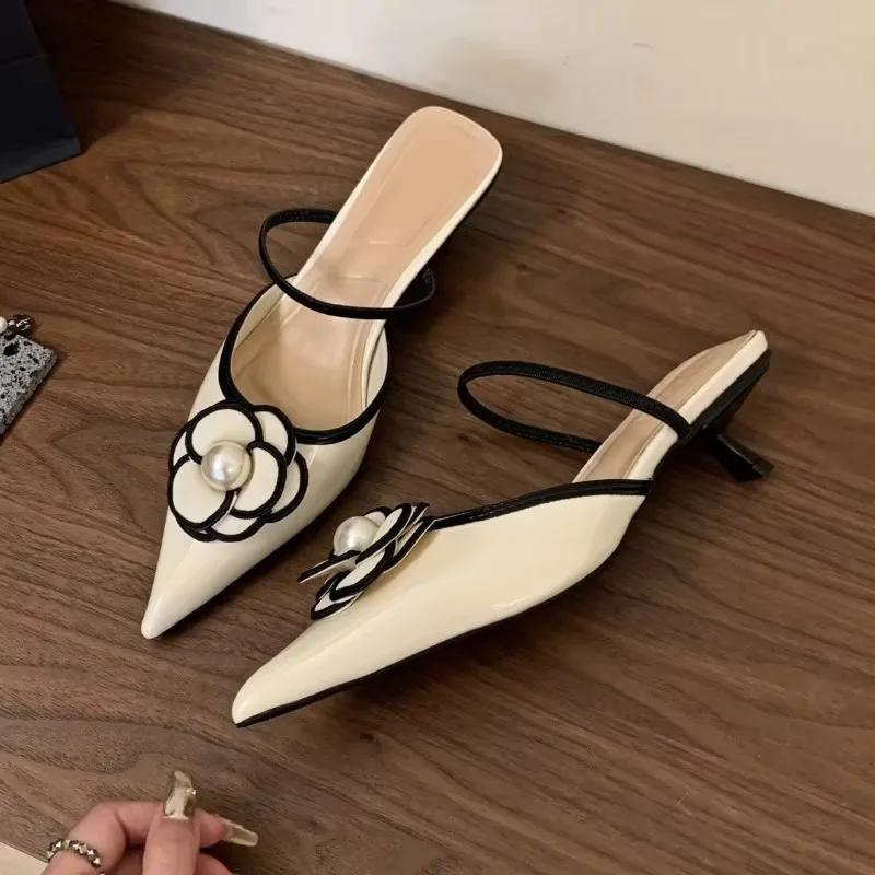 Fashion 2025 Flower Pointed Toe High Heels Women Luxury Designer Sandals Female Summer Elegant Fashion Pumps Flower Mule Slippers Women