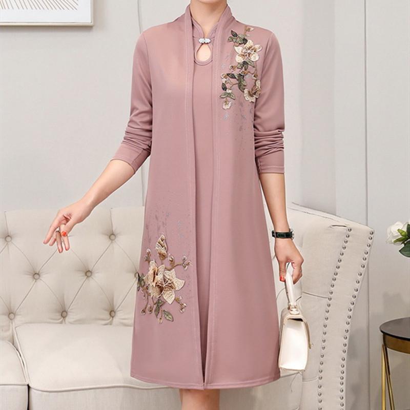 Embroidered Women's Dress Set Spring Autumn Collection Fashionable Mom Dress Jacket