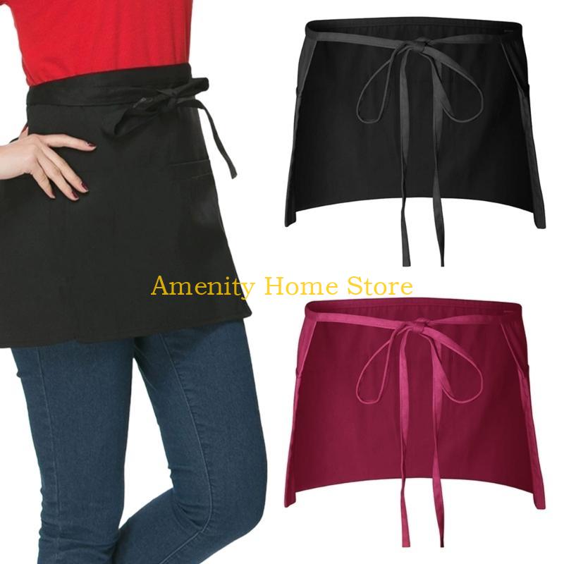 F26C Spill Resistant Lightweight Black Polyester Waist Tied Cooking Apron