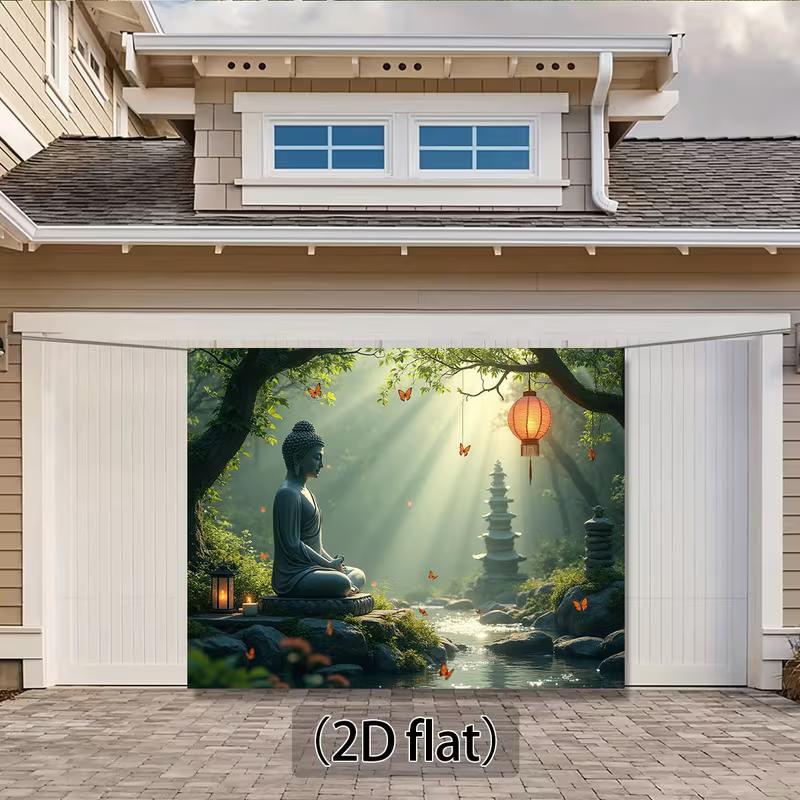 2D Serene Buddha Forest Wall Hanging, Peaceful Zen Garden Waterfall Background Cloth