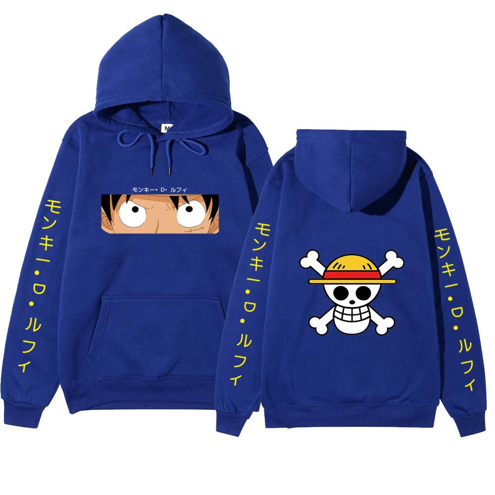 Unisex One Piece Monkey D Luffy Double‑Sided Print Fleece Hoodie, Both‑Sleeves Japanese Text Anime Pullover Hooded Sweatshirt Streetwear