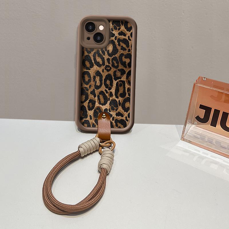 

For Apple 17promax Mobile Phone Case Autumn and Winter New 16PRO Leopard Print Lanyard Coffee Color 15 Protective Cover